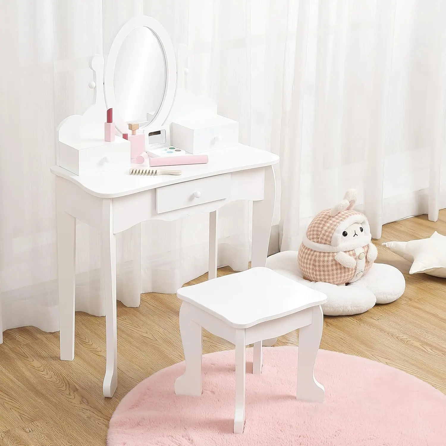 Girls' White Wooden Dressing Vanity Table Playset - Indoor Furniture Set with Mirror, Stool, Drawers, Pretend Makeup Toy, Exclusive Dress-Up Area, Includes Stool
