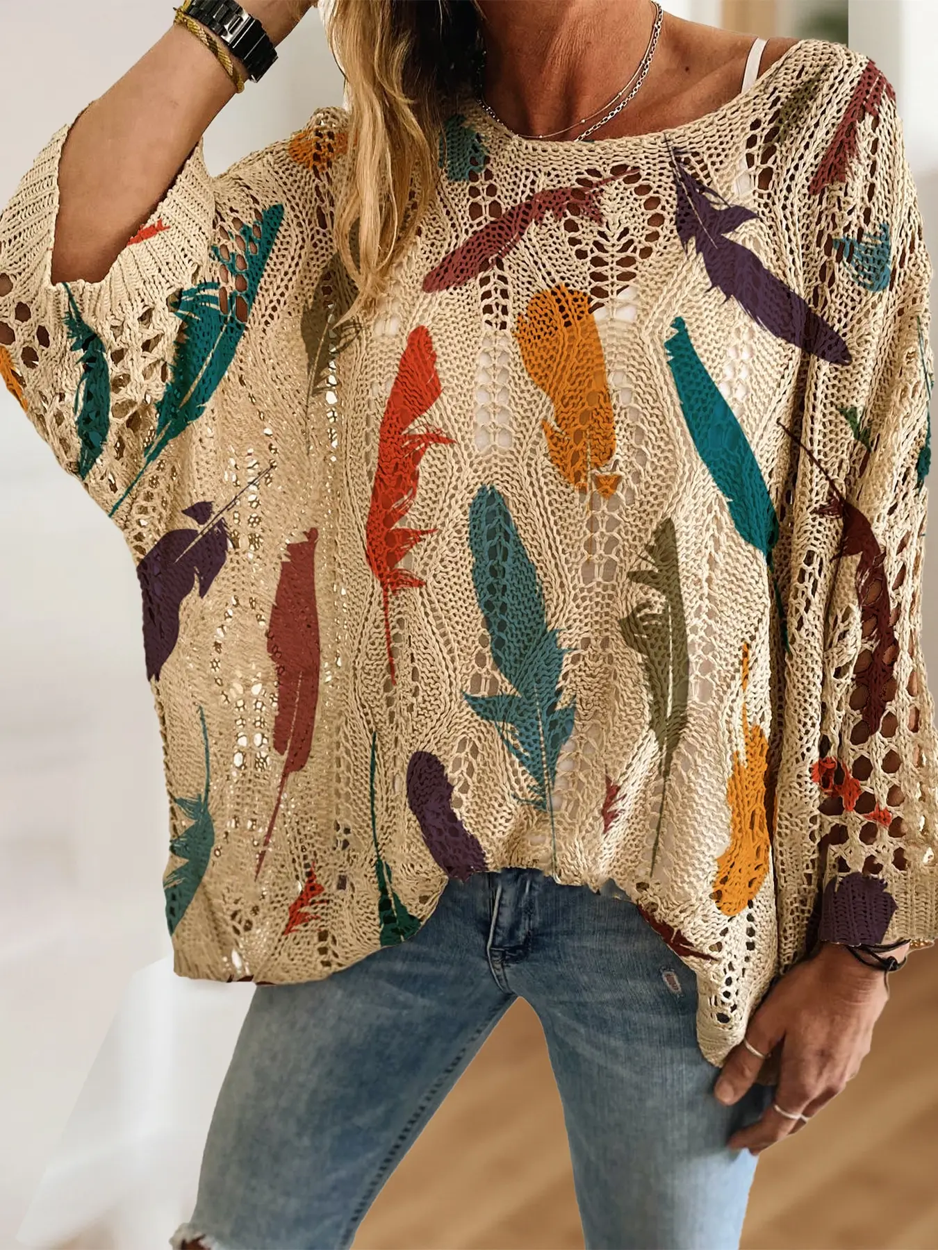 Women's Boho Colorful Feather Print Knit Top, Casual Elegant Vacation Style, Comfortable Breathable Loose Fit, Spring Summer Fall Fashion