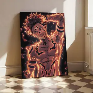 1 Anime Boy Canvas Wall Art - Featuring vibrant colors and a dynamic design, perfect for decorating bedrooms, living rooms, hotels, offices, and game rooms. Japanese style poster | Sukuna - Cursed Flame Mode Metal Poster | Jujutsu Kaisen Anime Wall Art