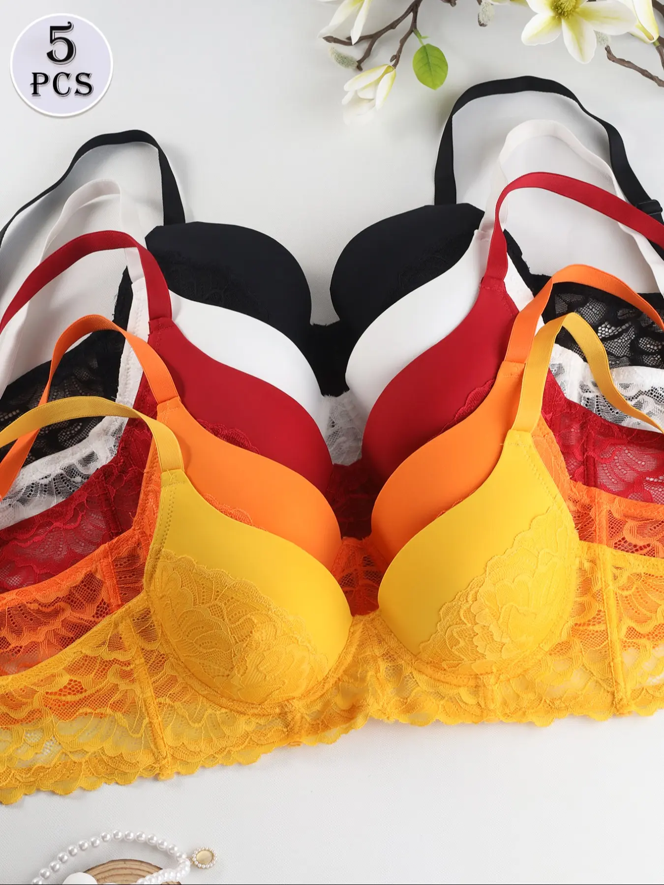 🔥5PCS Lace Push-Up Underwire Bra Set! Women's Multicolor Wired Bras, Super Comfortable with Adjustable Straps, Sexy Lingerie for Daily & Party, Essential for Women, Multiway Bra - Grab Now!