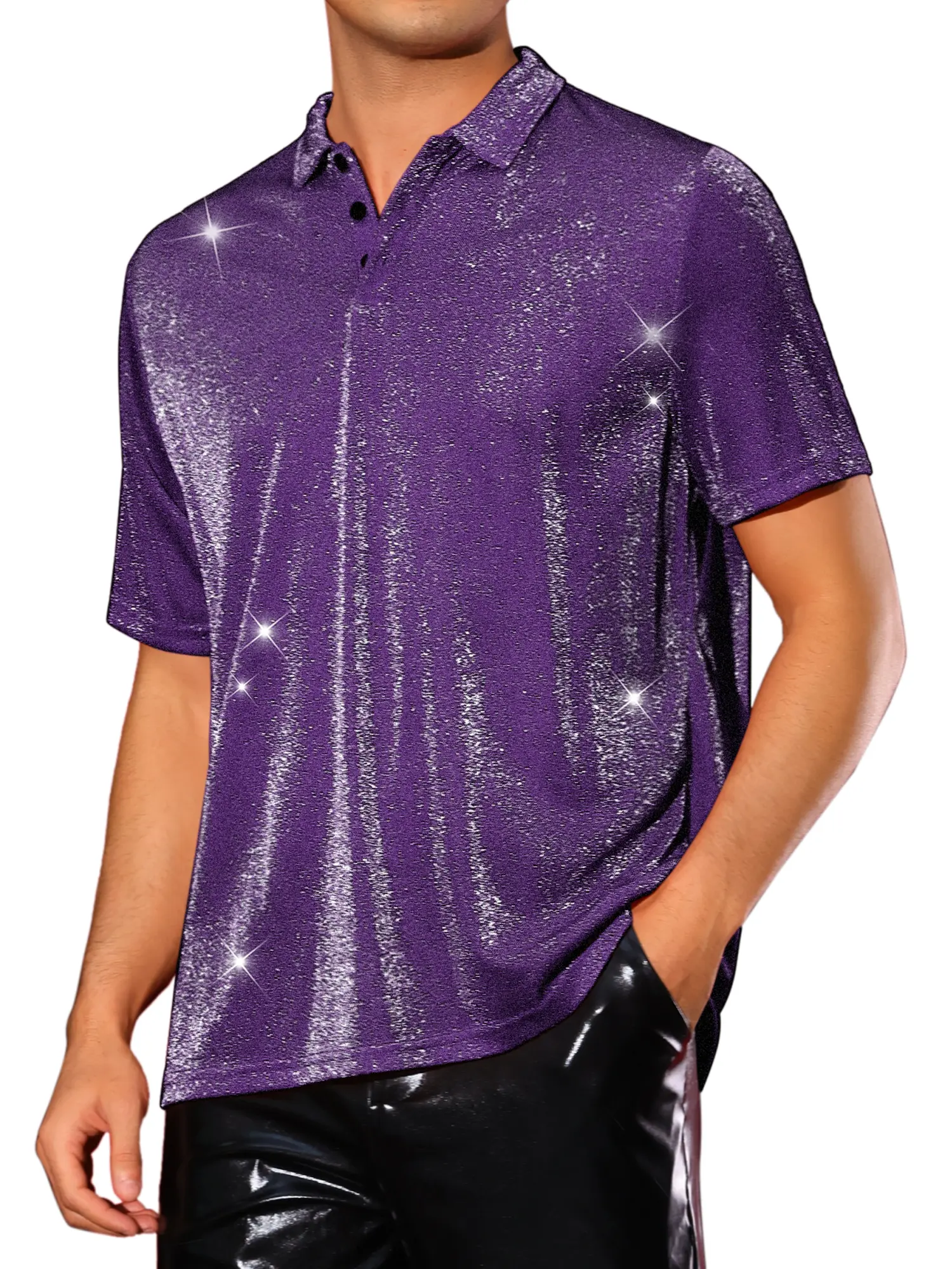 INSPIRE CHIC Purple Glitter Shirts for Men's Sparkly Tops Short Sleeve Disco Metallic Polo