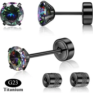 CASSIECA G23 Titanium Threadless Flat Back Earrings-Hypoallergenic 6A Cubic Zirconia Earrings Studs for Men-Trendy 20G Flatback Push Pin Cartilage Earring for Helix Tragus Piercing Flat Pierced Jewelry
