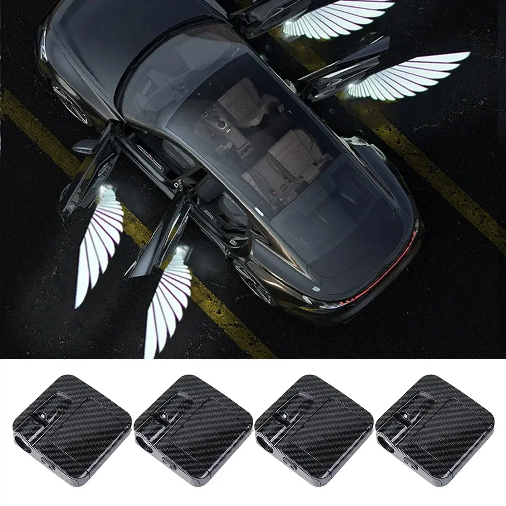 2-Pack Modern Carbon Fiber Texture Surface Wireless LED Car Door Projection Lights, HD Super Bright Infrared Sensor Auto Activation Welcome Lights for Car Door Entry, Wireless Install Compatible