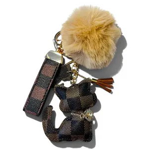 Pom Pom Checkered Cat Bag Charm KeyChain womens