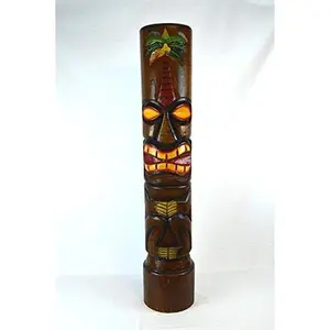 WorldBazzar Hand Carved Wood 40inch Tall Tiki Totem Pole Carved Design Palm Tree Brown, Black, Yellow, White, Red