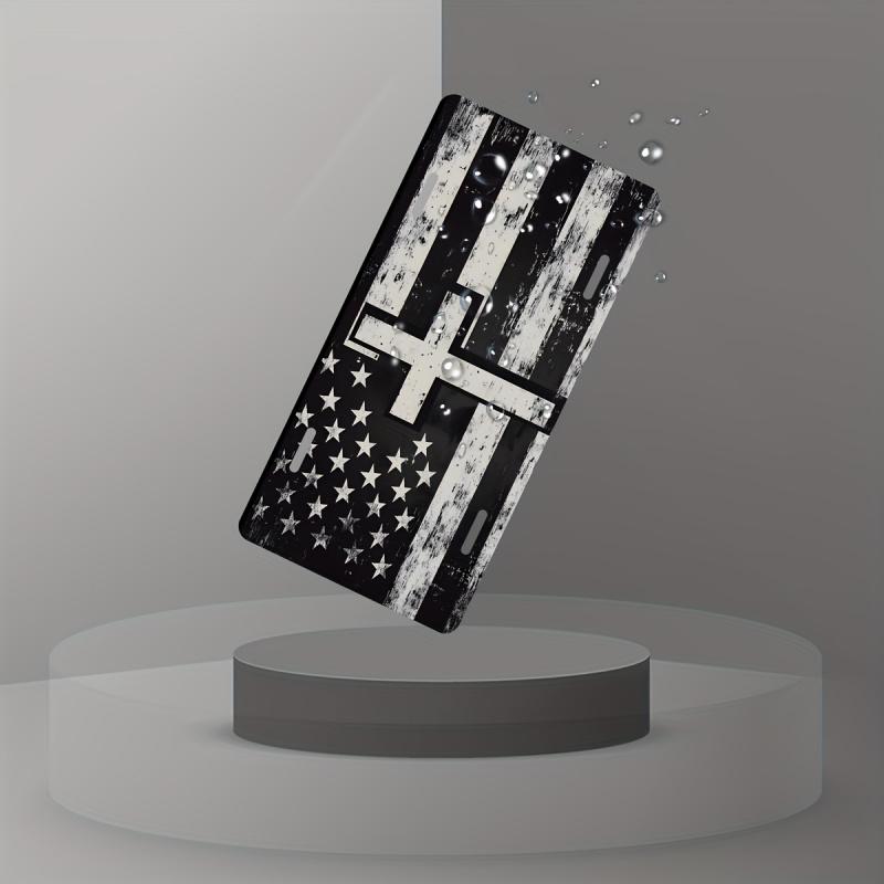 1PC 2D Flat Black and White Cross License Plate Cover and Frame with American Flag Floral Decoration Suitable for Any Standard Front License Plate Cover and Frame Iron Rust-Resistant Decoration 12inch x 6inch