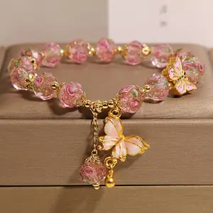 Bohemian Golden Butterfly Marble Bead Bracelet, Turquoise Pink Glazed Stone Fashion Jewelry, Ideal Gift for Women on Parties, Festivals and All Daily Occasions