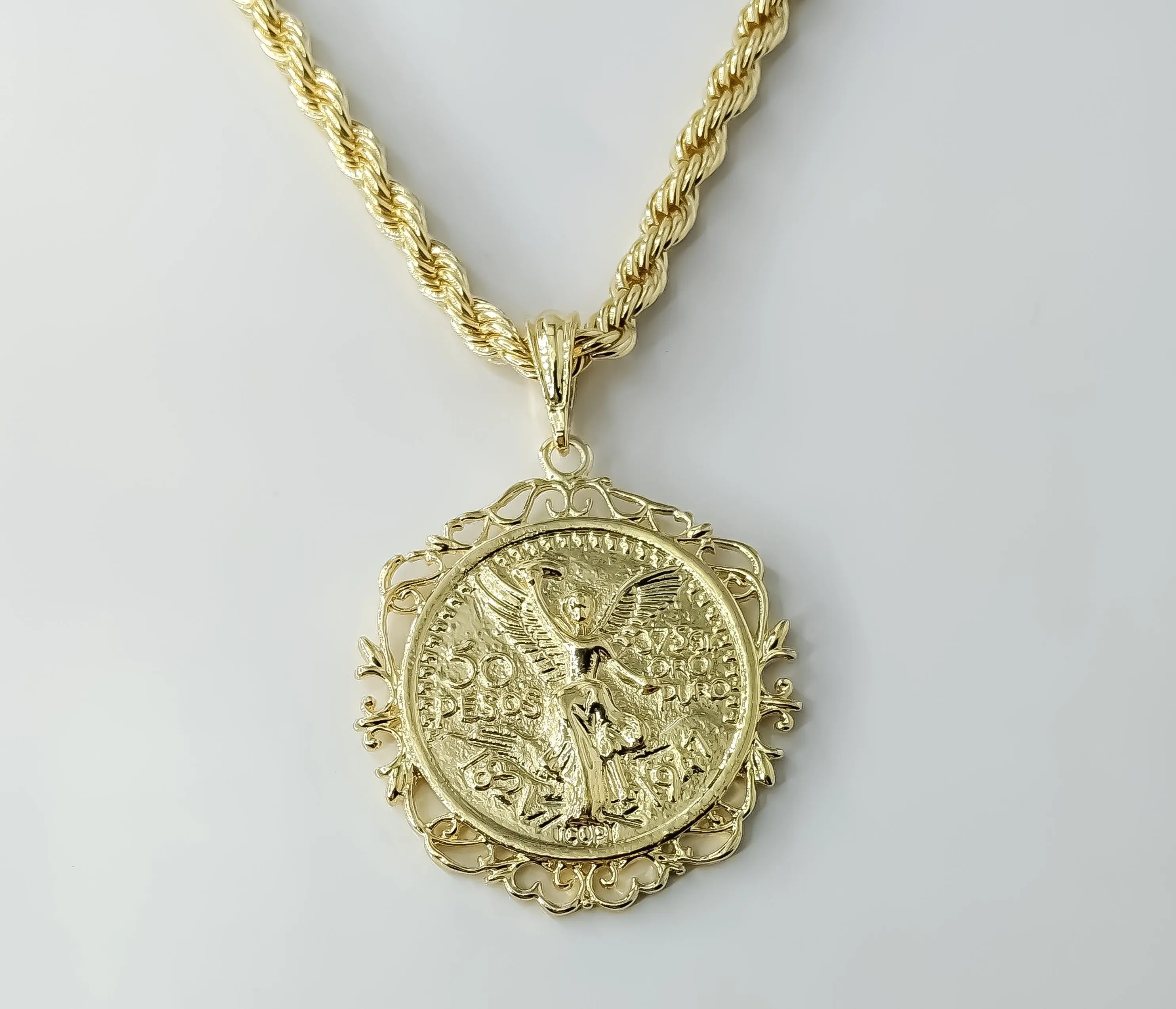 Plated Large Mexican Centenario Double Sided 6mm Rope/Braided Chain Necklace