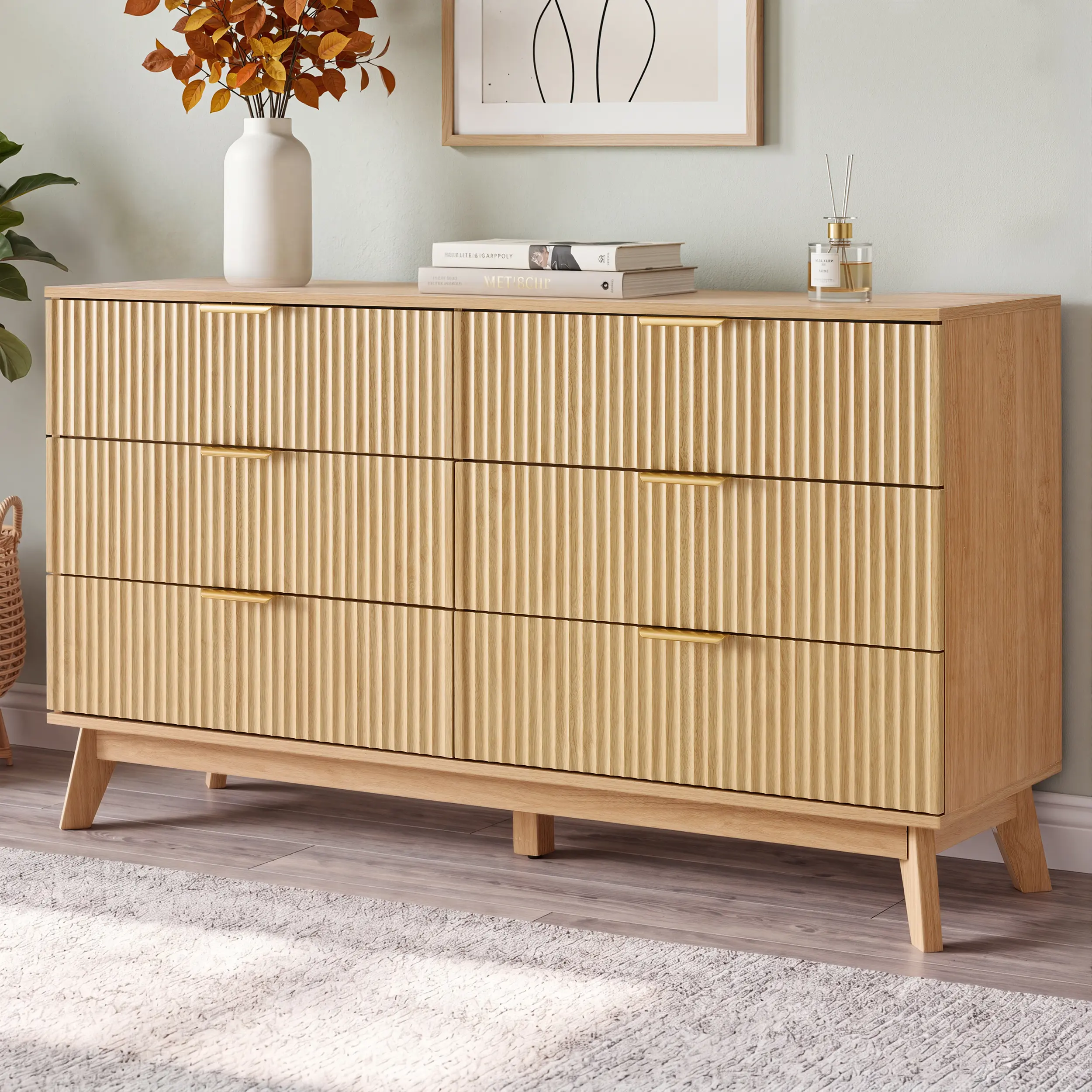 Fluted Dresser with 6 Drawers, Modern Wooden Chest of Drawers with Metal Handles & Large Storage, Mid Century Dresser TV Stand for Bedroom, Living Room, Hallway