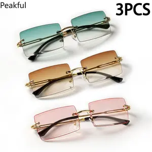3PCS Fashion Rimless Sunglasses Women Trendy Small Rectangle Sun Glasses Summer Traveling Style Brown Shades for men