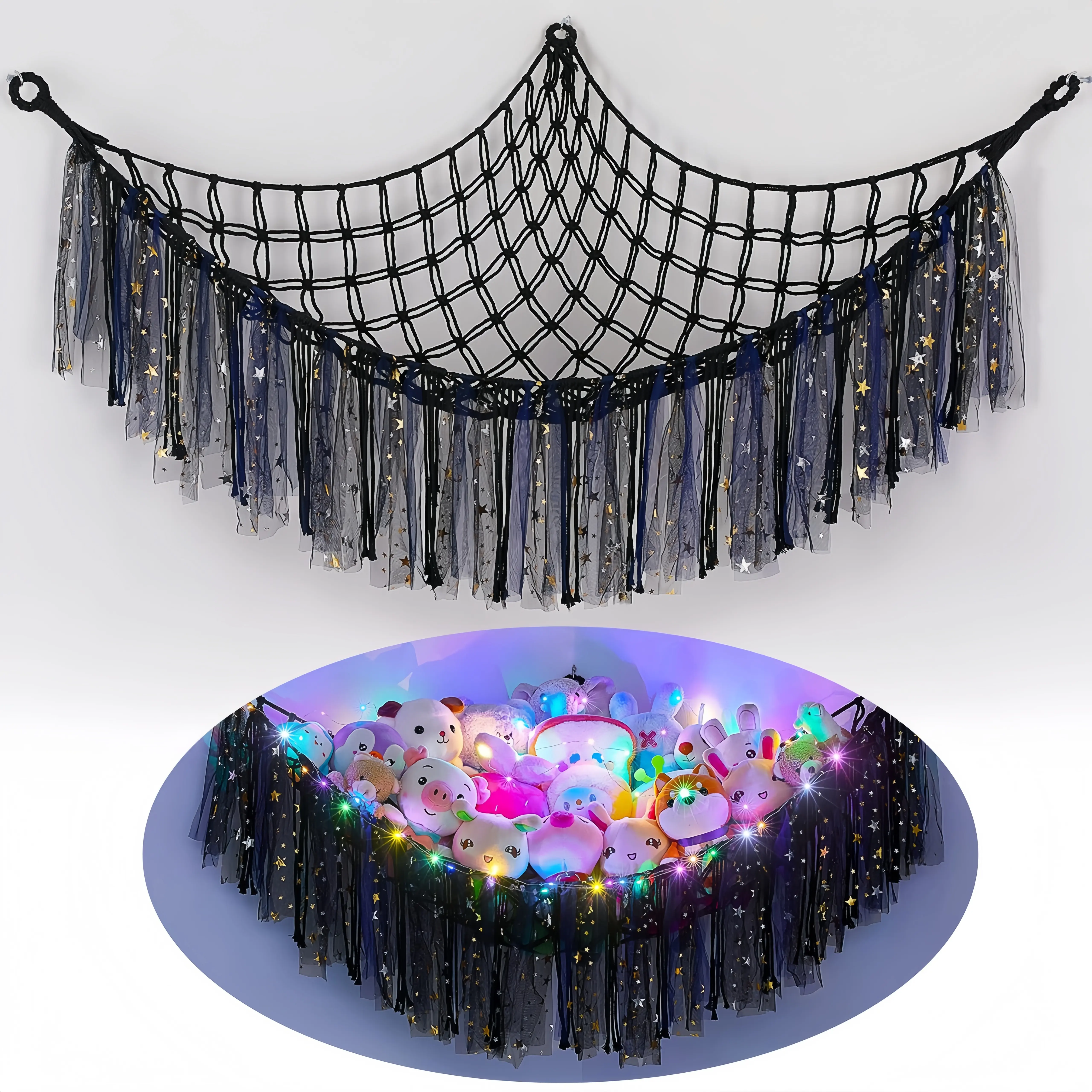 Hangable LED Stuffed Animal Net Hammock, Home Decor Storage Organizer for Girls Nursery Bedroom Decor