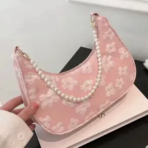 Stylish Exquisite Jacquard Pearl Handbag Women's Single Shoulder Underarm Bag Crescent Shape Fashion Accessory