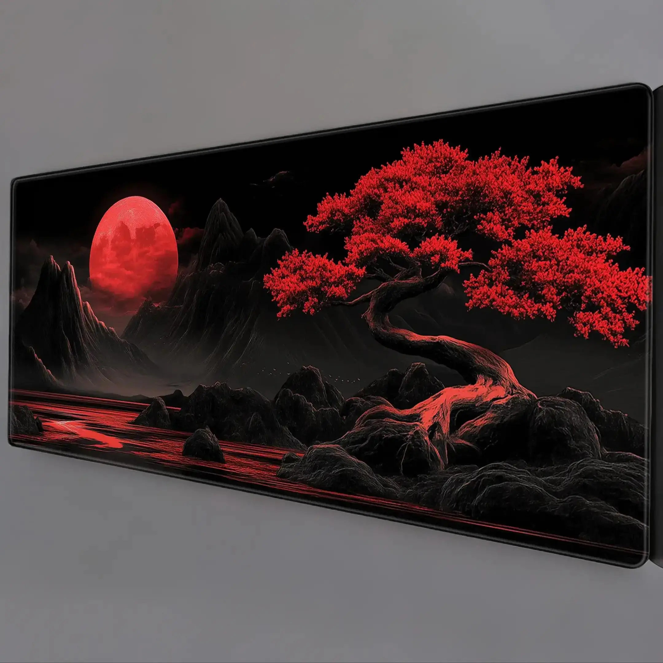 Red Moon Pattern Mouse Pad, Large Japanese Desk Mat, Non-slip Rubber Base Mouse Pad, Corporate Work Desk Accessories, Big Extended Desk Protector for