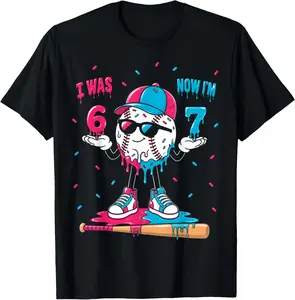 7th Birthday 6 7 Six Seven Baseball Drip Ice Cream for Girls T-Shirt  Cotton Shirt
