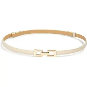 Skinny Belts for Women Thin PU Leather Waist Belt with Gold Buckle for Dresses