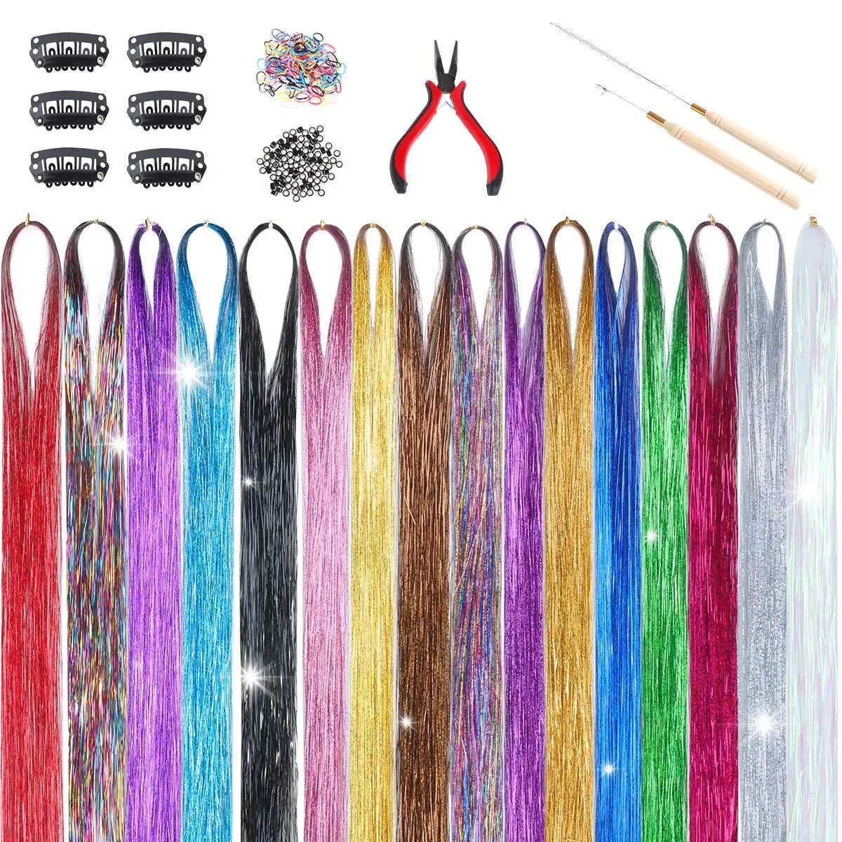 16 Colors Tinsel Hair Extensions with Tools 16pcs/set 3200 Strands, Fairy Hair Tinsel Kit