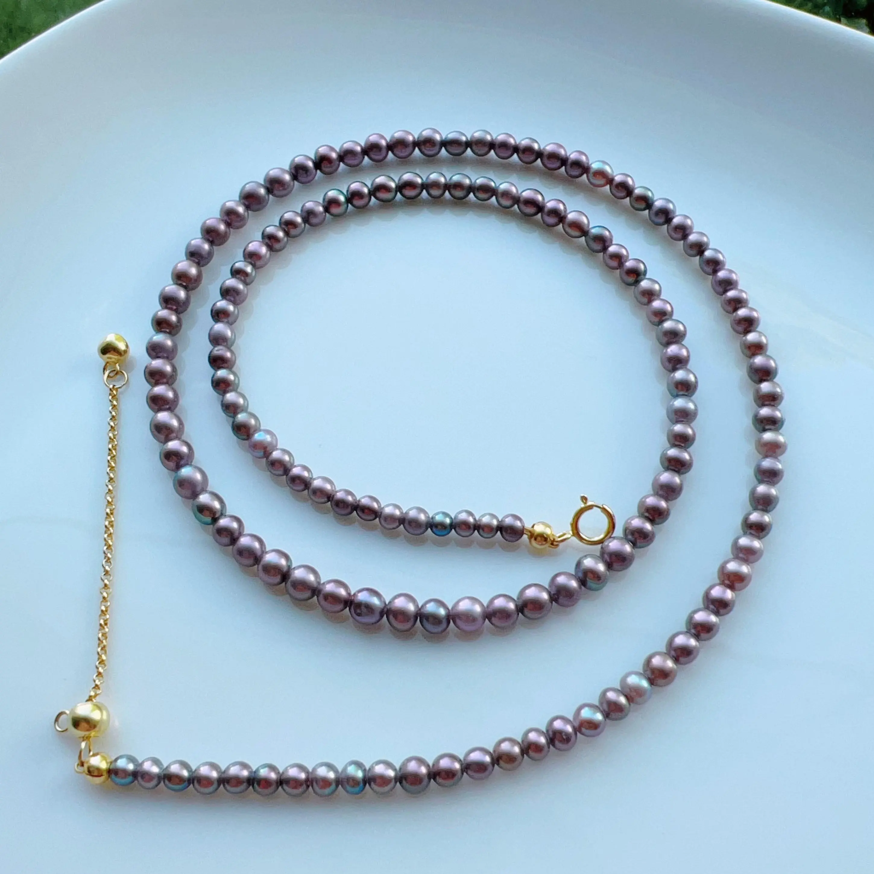 Piswency 925 Sterling Silver Seedless Freshwater Pearl Choker Necklace, Genuine Baby Pearl Strand Necklace with Green Purple Luster, Gift for Her