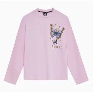 TCH-Rhinestone Butterfly Pink Long Sleeves T-Shirt Casual Classy cowgirl stuff