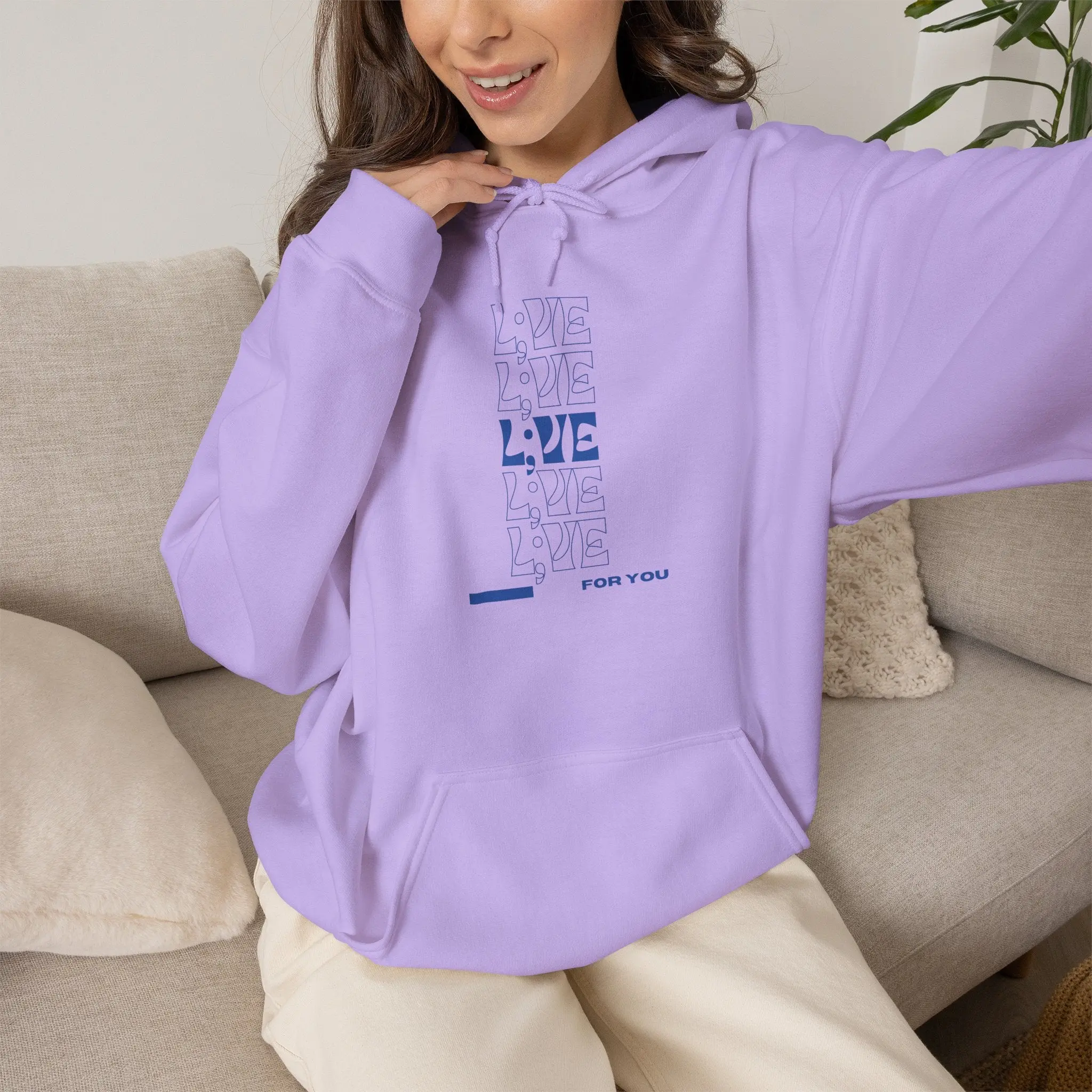 Women's Stacked Pullover Hoodie - L;VE For You Design (Front Style), Double-Lined Hood, Cotton, Hooded Neck, Long Sleeve, Sweatshirts, Classic Fit