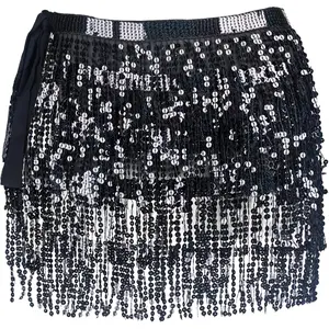 Women Belly Dance Tassel Fringe Skirt Sparkly Sequin Hip Scarf Party Costume