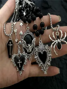 5pc Gothic Punk Bat Cross Necklace Set, Dark Thorn Heart Pendant Chain, Beaded Layered Necklace, Y2K Halloween Jewelry Gift