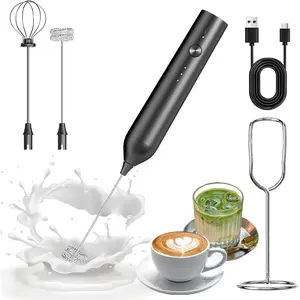 Milk Frother Handheld Rechargeable, Hand Frother with Stand, Drink Mixer Frother Wand Electric Whisk Stirrer for Coffee, Latte, Matcha, Cappuccino, Hot , Kitchen Gifts - Black