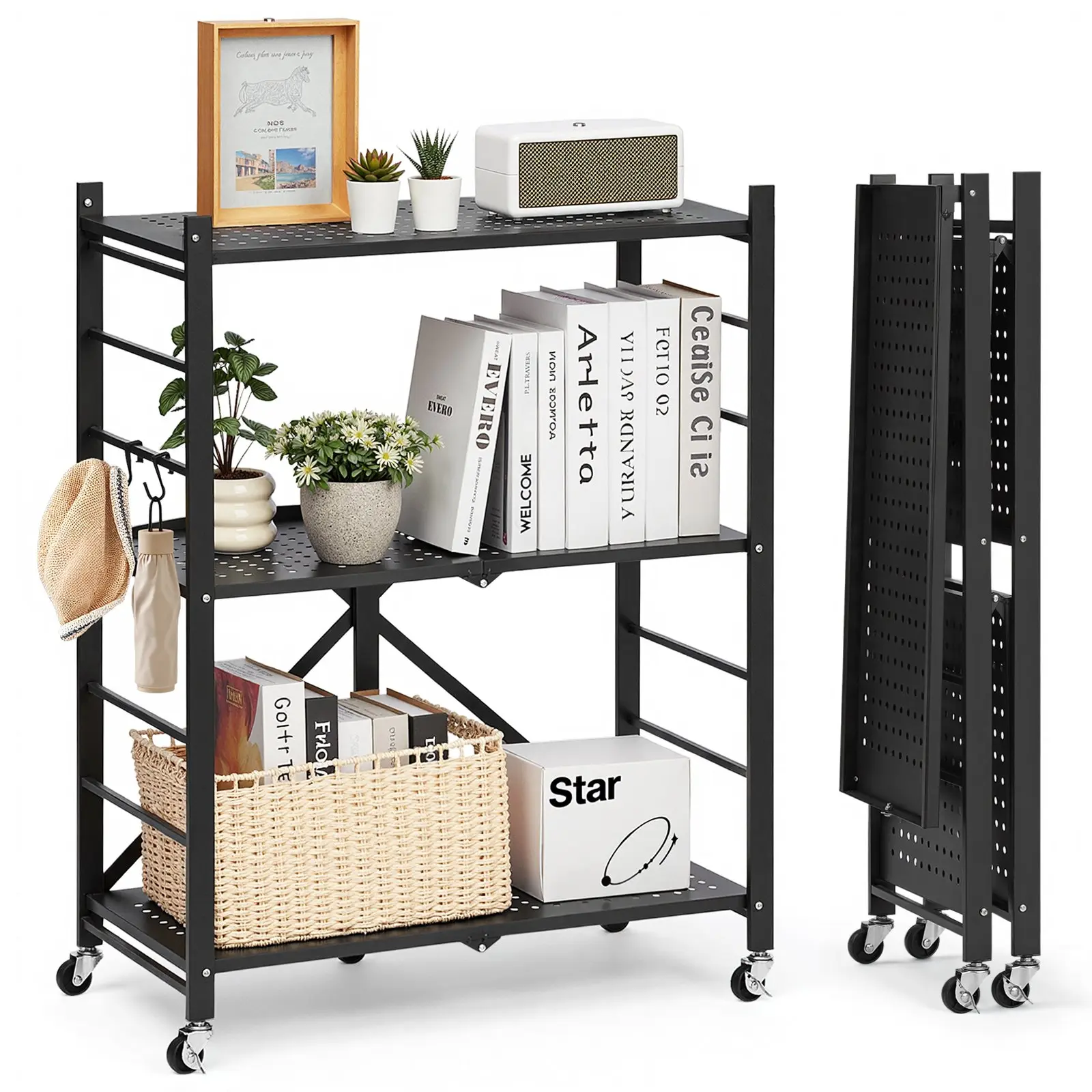 【Summerfinds】VEVOR Sturdy Carbon Steel Adjustable 3-Layer Foldable Storage Shelf, 28Wx13Dx36H in Folding Rack with Buckle, 5 Swivel Wheels, 4 Hooks, Quick Setup No-Assembly Organizer for Garage, Black (Father's Day Gift), Bathroom