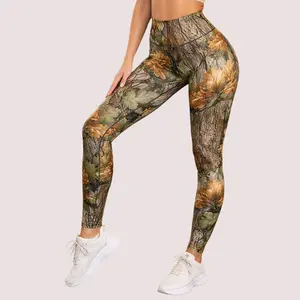 Women's Camo Pattern Print Yoga Gym Leggings, High Stretch Polyester Knit Fabric, Casual Long Length Plant Pattern Activewear for All Seasons, Gift for Her, Flexible Clothing | Sporty Design