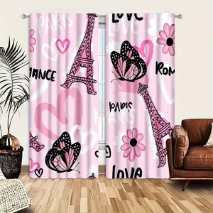 Artistic Eiffel Tower & Butterfly Curtains Set, Window Curtain, Polyester Satin, No Lining, Clip Accessories, All Seasons