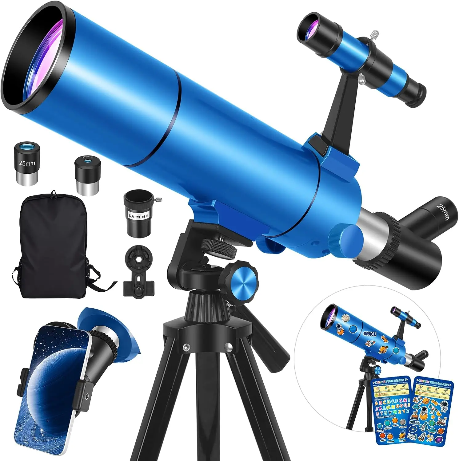 Unisex 80mm Aperture 500mm Refractor Telescope - Adult/Kid Fit, 20X-150X Magnification, Compact Portable Size, Tripod Mount, Phone Adapter, Stickers, Backpack for Astronomy Beginners Stargazing