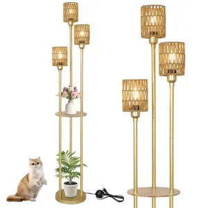 Boho Floor Lamp with Shelves, 3-Lights Farmhouse Tall Floor Lamp with ON/Off Foot Switch, Gold Modern Floor Lamps with Rattan Shades, Rustic Standing Lamp for Living Room, Bedroom, Office