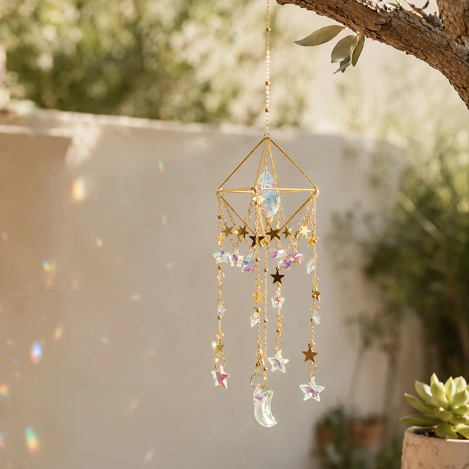 Crystal Sun Catcher, Suncatcher Prism Hanging Wind Chime, Handmade Rainbow Maker Indoor Outdoor Decor for Window Bedroom Courtyard Garden