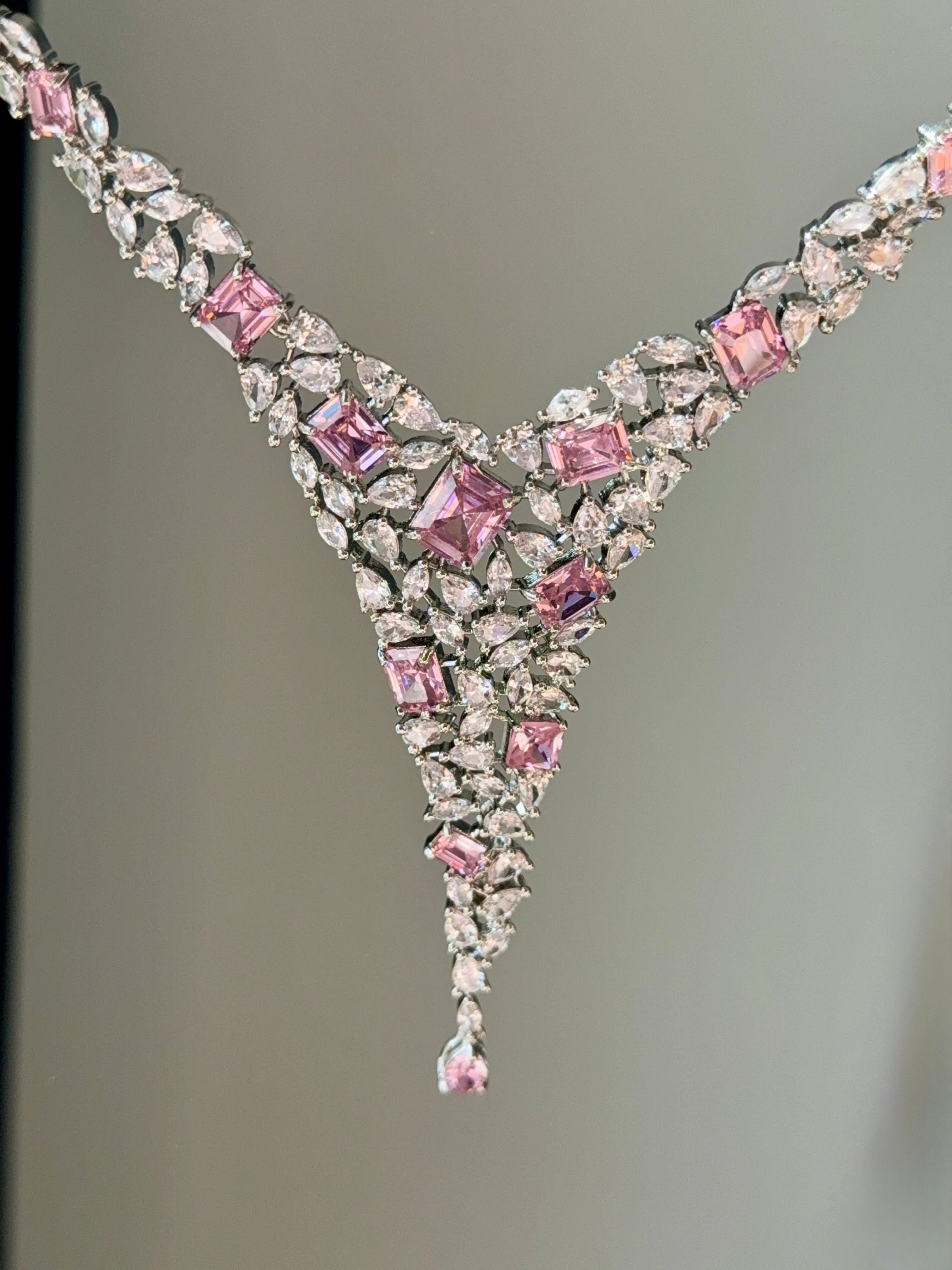 Cubic Zirconia Crystal Y Shape Necklace Set w Earrings, Premium Quality