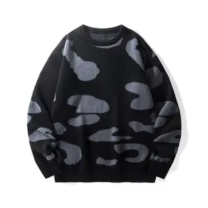 Men Crew Neck Camo Print Knit Sweater Loose Fit Abstract Camouflage Graphic Pullover Jumper Hip Hop Streetwear Casual Warm Knit Top For Fall Winter Daily Outfits