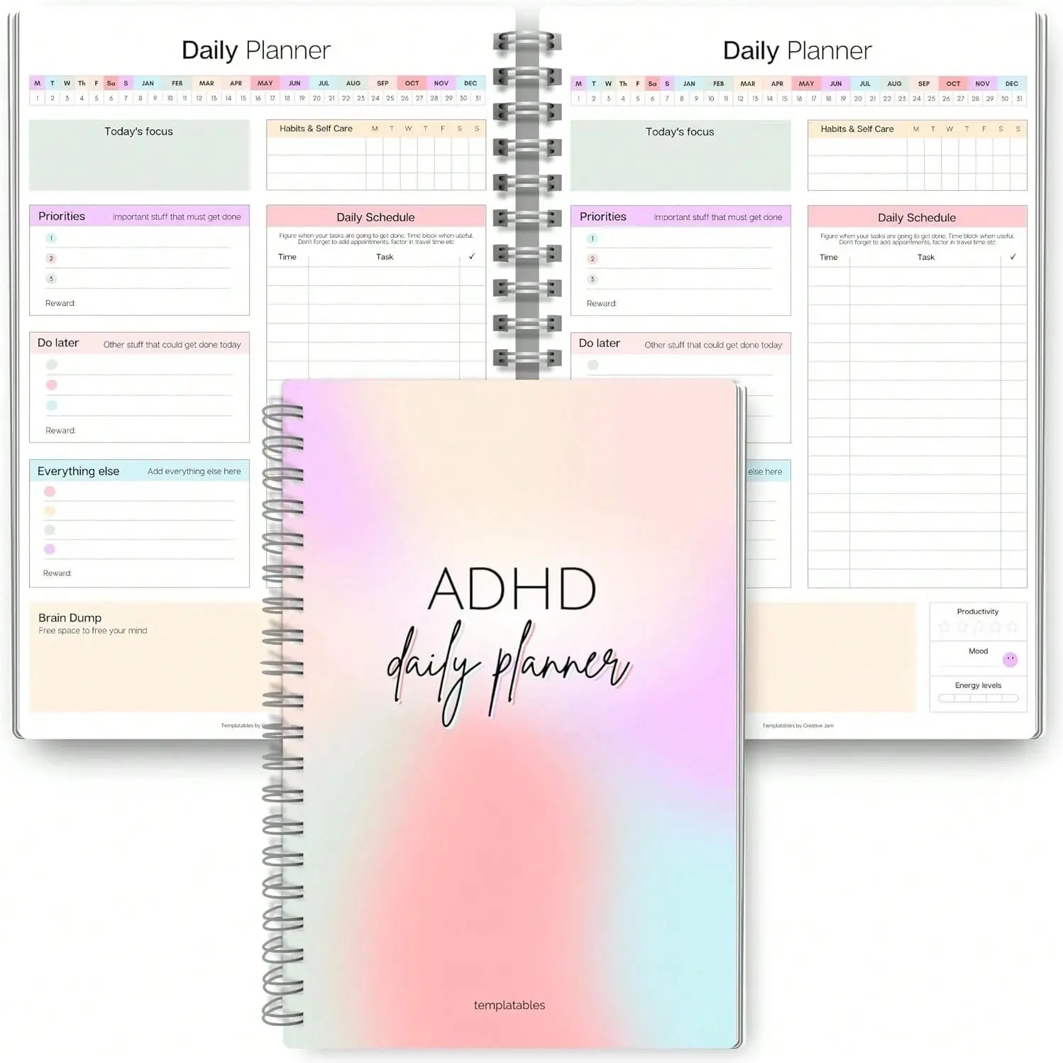 Adhd Daily Planner for Adults, Day Planner, Rainbow Color, Spiral Bound Design, 40 Pages, Essential Organizer & Focus Aid, Ideal Back-To-School Supply, Planner Notebook, Productivity Planner