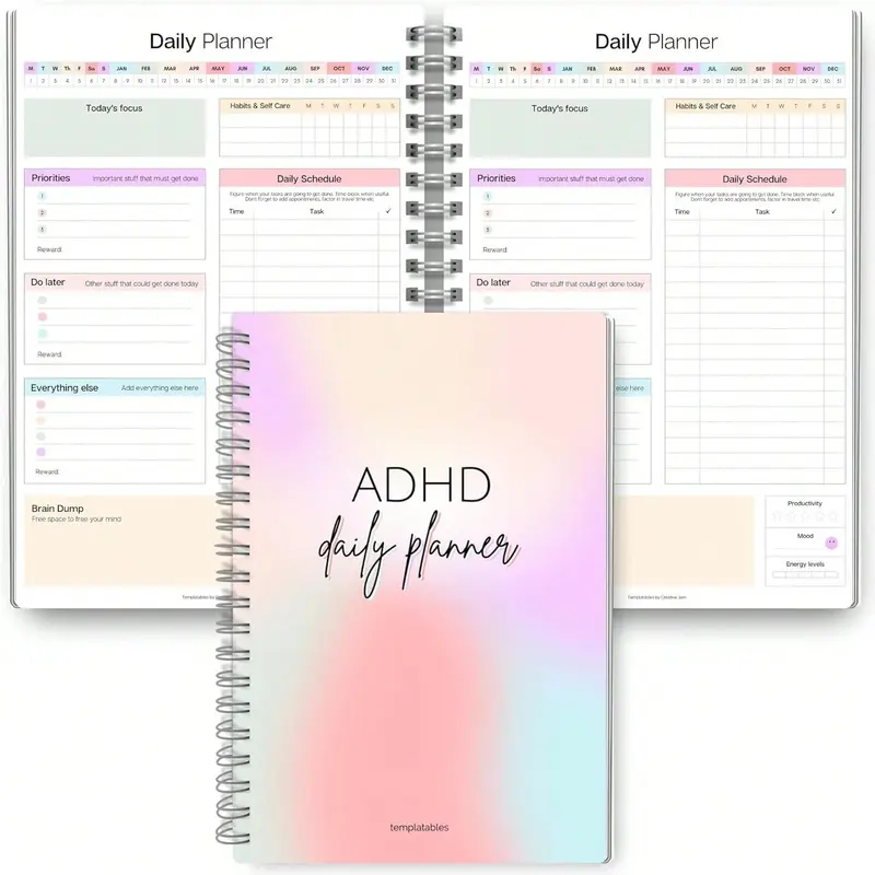 Adhd Daily Planner for Adults, Day Planner, Rainbow Color, Spiral Bound Design, 40 Pages, Essential Organizer & Focus Aid, Ideal Back-To-School Supply, Planner Notebook, Productivity Planner