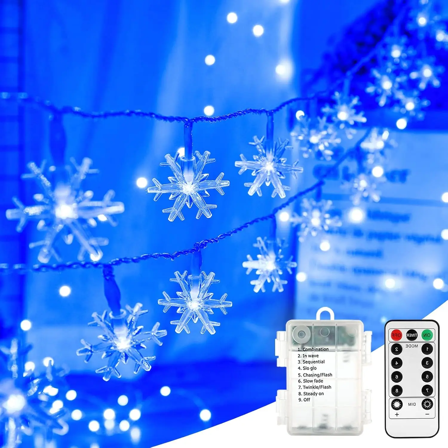 BrizLabs Blue Snowflake Lights, 40 LED 16.08ft Snow Flake Christmas String With Remote, Battery Twinkle, 8 Modes Xmas Waterproof for Outdoor Indoor Wedding Party Window Decor