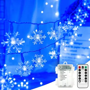 BrizLabs Blue Snowflake Lights, 40 LED 16.08ft Snow Flake Christmas String With Remote, Battery Twinkle, 8 Modes Xmas Waterproof for Outdoor Indoor Wedding Party Window Decor