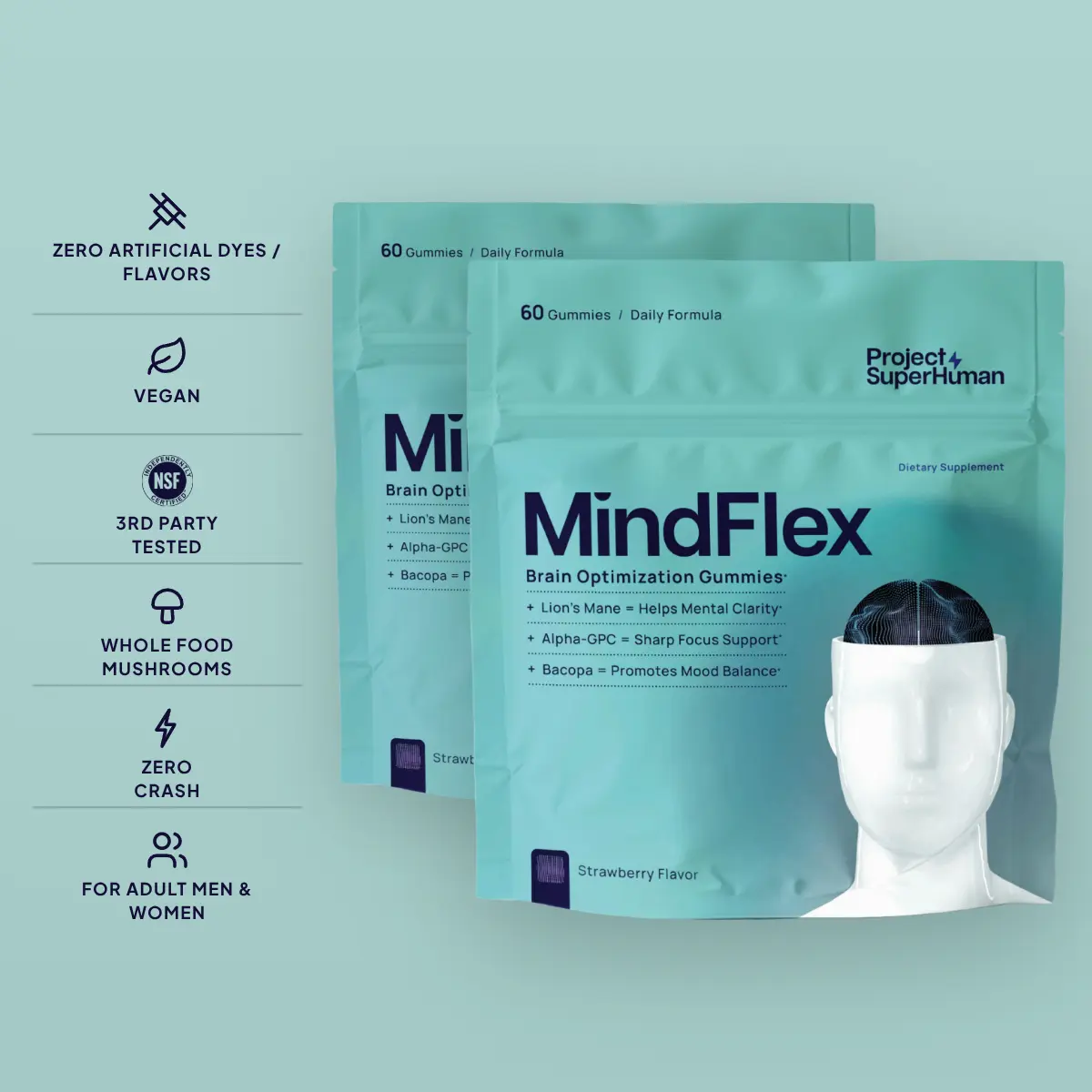 SuperFocus Bundle - MindFlex x2 - Focus Gummies for Adults: 6-in-1 Nootropic Brain Support with Alpha GPC, Bacopa Monnieri, Lion's Mane, Huperzine A, B6 + B12, Caffeine Free, No Jitters, No Crash, Vegan, Strawberry, 120 Ct