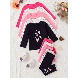 10-Piece Polyester Knit Girls' Apparel Set - Comfortable Pullover Outfit with Spandex, Elasticity Fit, Cute Heart & Alphabet Print Long Sleeve Tops and Pants for Toddlers, Outdoor