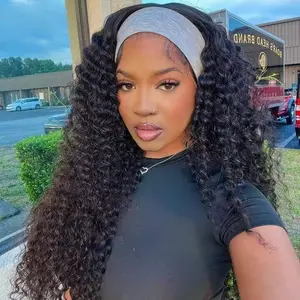 MYLOCKME Headband Wig Full Machine Made Wigs Deep Wave Natural Black Brazilian Remy 100% Human Hair Scarf Wig For Women Deep Curly