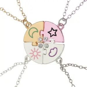Colorful Sun Moon Star Cloud Splicing Necklace Set, Round Matching Friendship Necklaces for Best Friends BFF Sisters