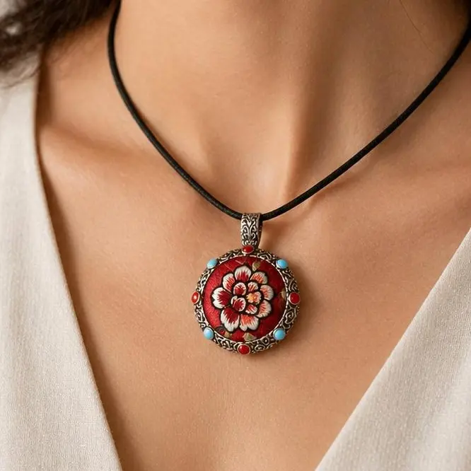 Women's Handmade Rotating Floral Embroidery Fabric Pendant with Free Necklace Cord - Ethnic Chain Jewelry for Daily Wear, Meaningful Gift