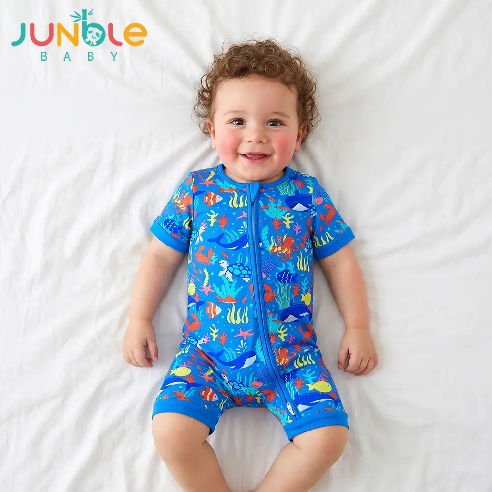 Bamboo Shortie Romper Baby Boy Clothes Bamboo Onesies With 2 Way Zipper Summer Short Sleeve Romper Baby Sleepers for Boys 0-24M Baby Boy Clothes Car Print Fish Print