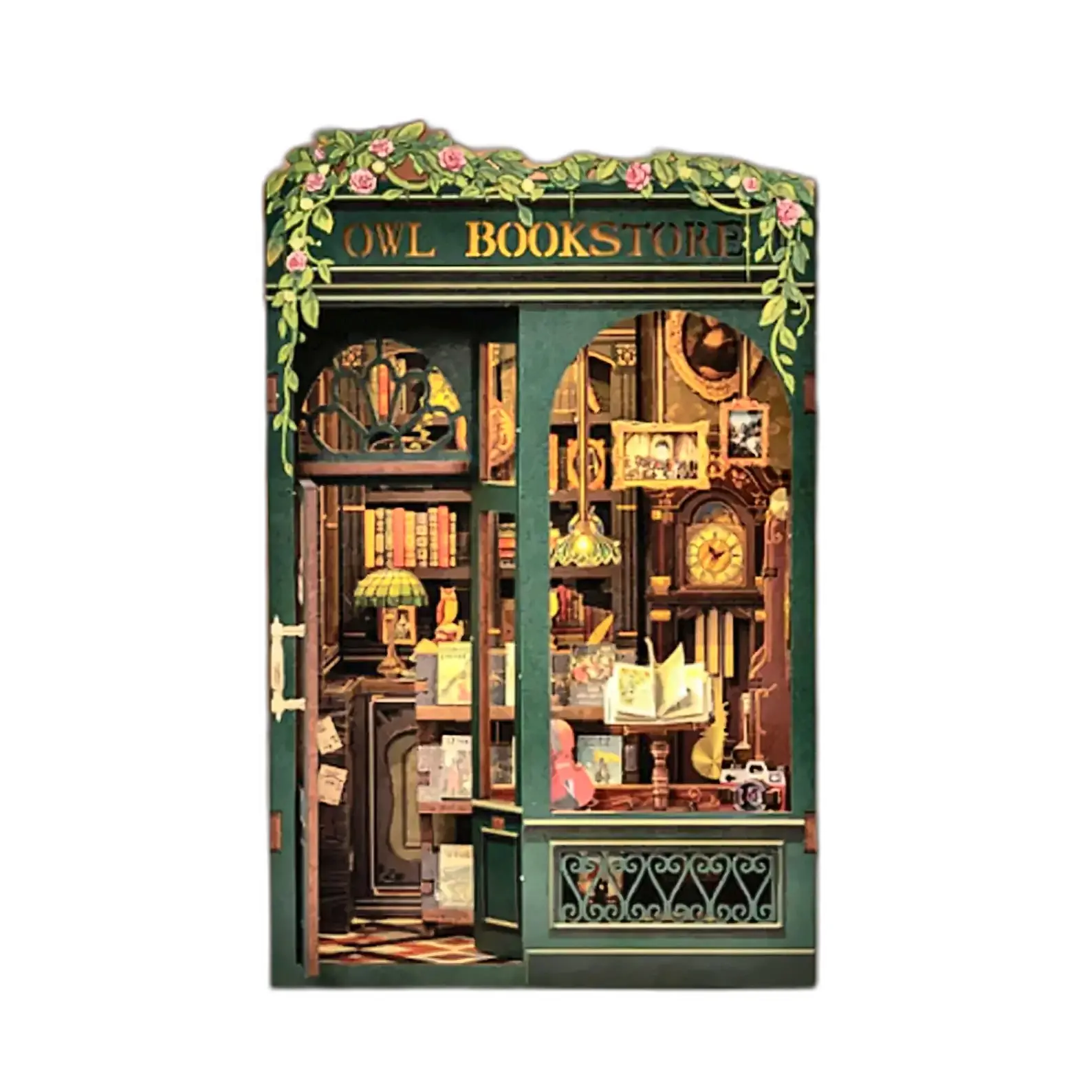 Owl Bookstore DIY Book Nook Kit 3D Wooden Miniature Bookshelf Insert