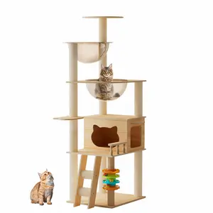 Modern Cat Tower, Wood Cat Tree Tower for Indoor Cats, Cat Treewith Sisal-Covered Scratching Posts and Top Perch, Cat Condo with Acrylic Hammock for Small Large Cats Ramp High Beds Couches sized dog Elevated Cooling Pressure Mounted Wide Safety Baby Gate