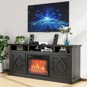 GARVEE 67" Black TV Stand with Remote-Control Fireplace for 65-80 inch TVs, Featuring Farmhouse Style, 2 Doors, and Open Shelves, Ideal for Living Room and Bedroom Decor.