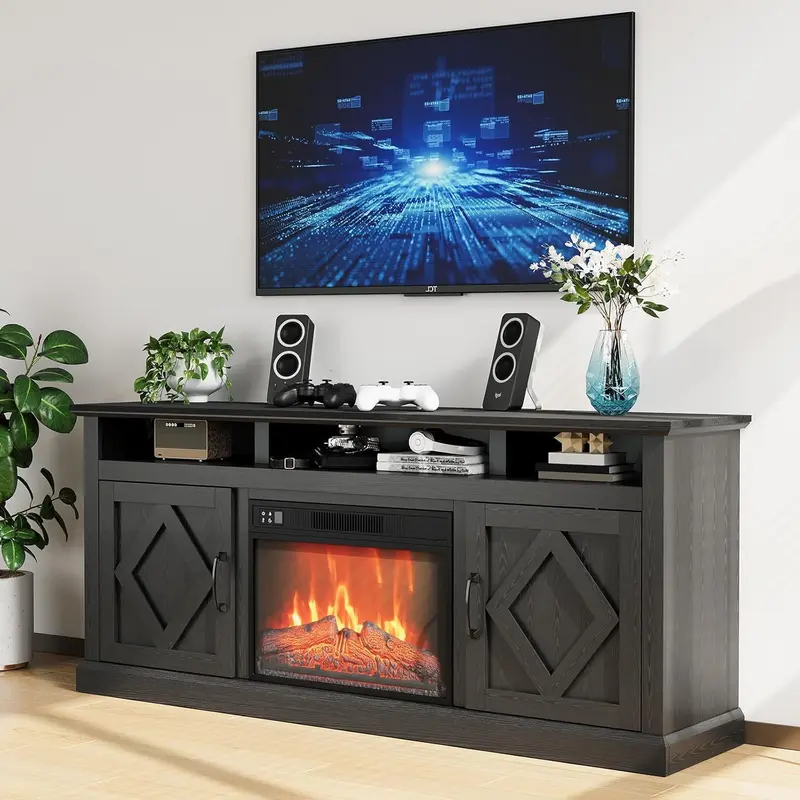 GARVEE 67" Black TV Stand with Remote-Control Fireplace for 65-80 inch TVs, Featuring Farmhouse Style, 2 Doors, and Open Shelves, Ideal for Living Room and Bedroom Decor.