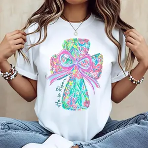 Vibrant Cross and Bow Cotton Casual Short Sleeve Round Neck Summer T Shirt Featuring He Is Risen Graphic and Machine Washable Design