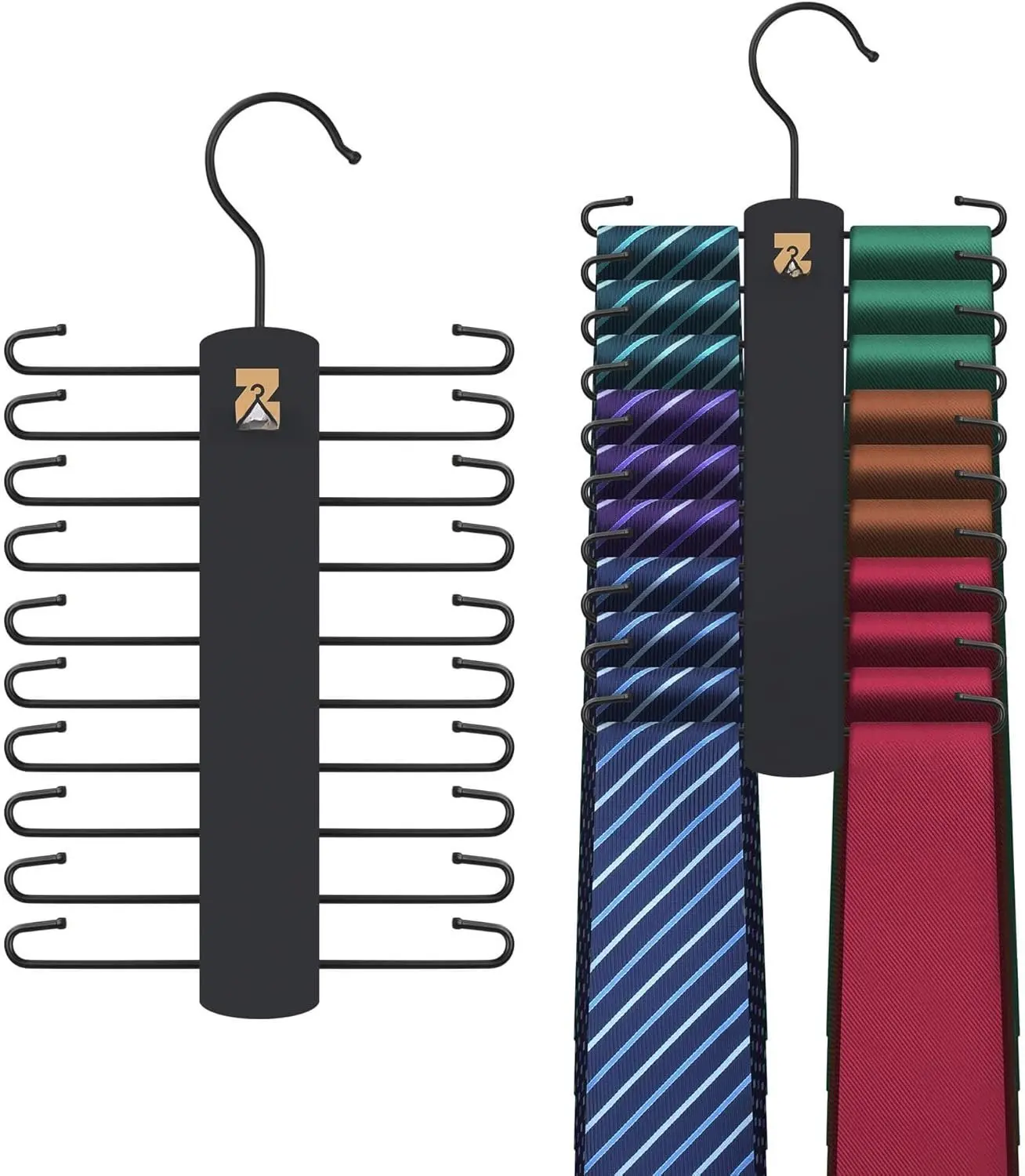 2 Pack Tie Hanger with 40 Hooks, Space Saving Necktie Organizer for Men, Large Capacity Tie and Belt Wooden Hanger for Closet, Black
